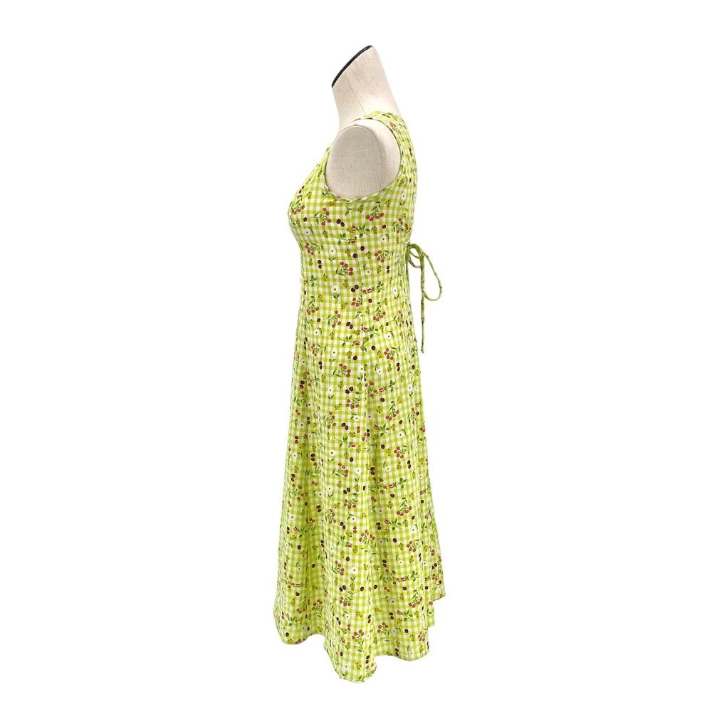 Corset Back Vintage 90's Green Ladybug Picnic A-Line Dress with Criss Cross - Picture 2 of 8